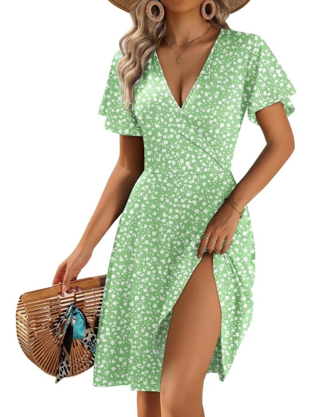 〽️Light Green Floral Wrap Dress Women’s V Neck Ruffle Sleeve A Line Pocket